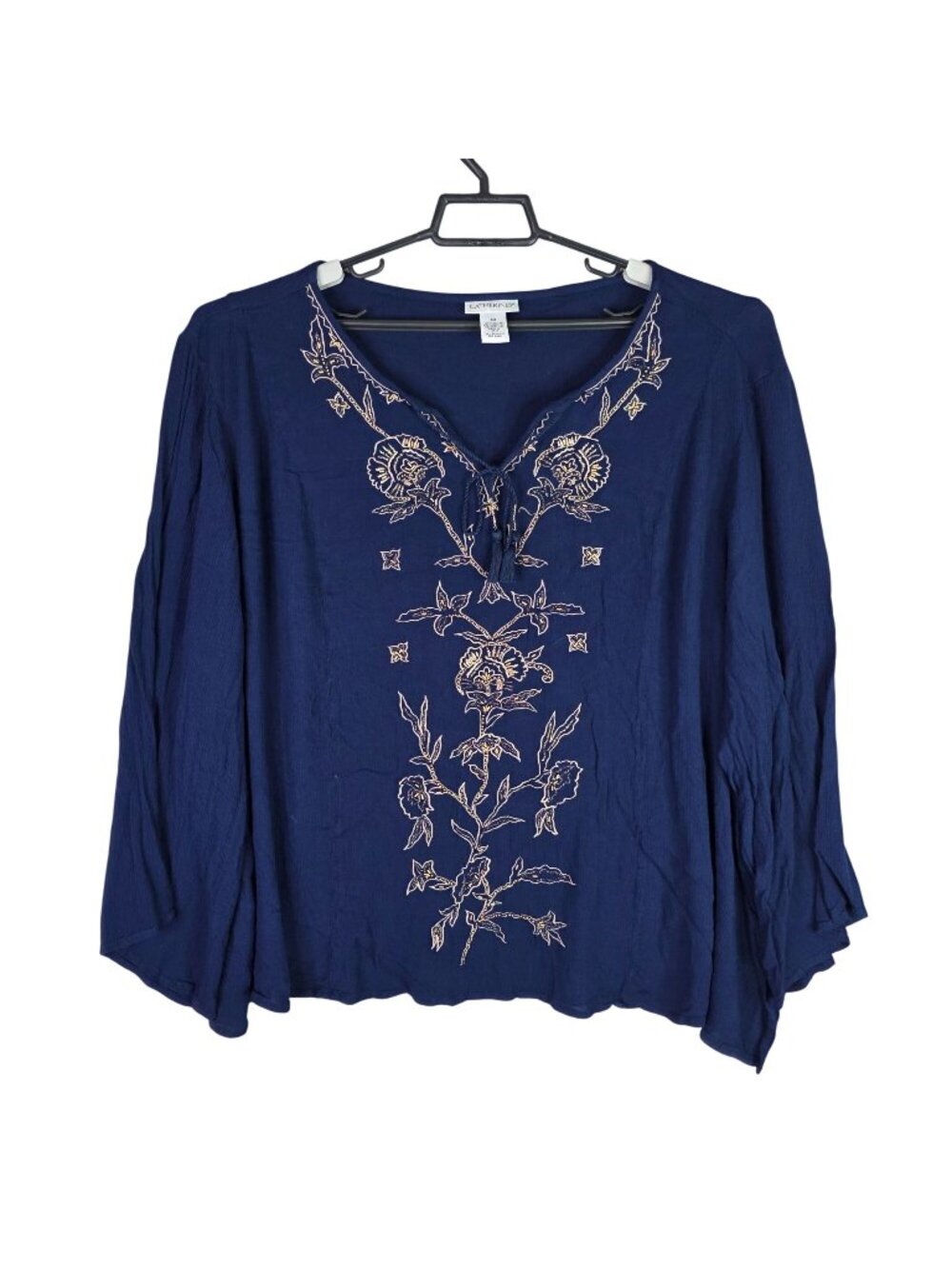 Womens Catherines Navy Embroidered Floral Tunic Top 100% Rayon Long Sleeve 3X